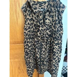 Papaya Leopard Print Ruffle Zip Front Mini Dress Tan Black Smocked Waist Small